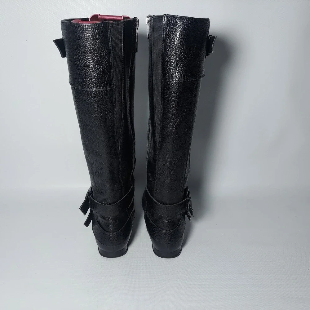 Enzo Angiolini Leather Boots Women 7.5 Black Calf High Riding Buckle Zip Fashion